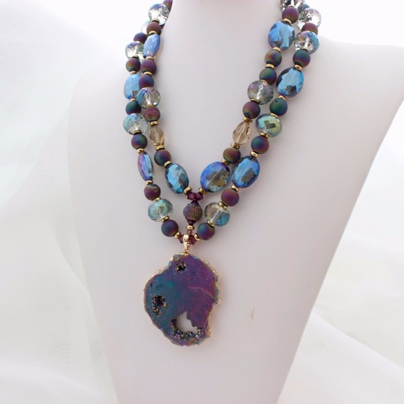 Double Strand Purple Crystals Natural Stone Druzy Pendant Necklace - Picture 6 of 10